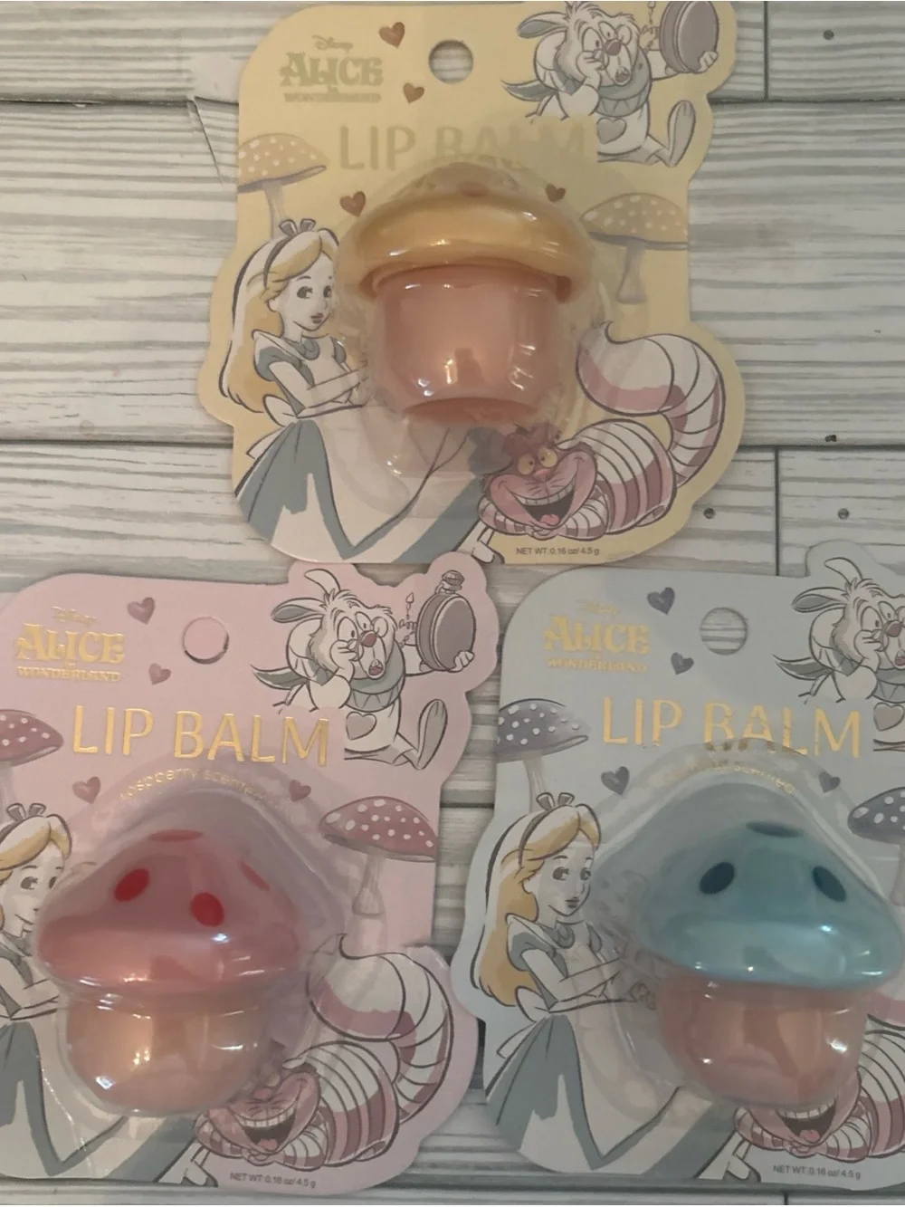 Disney Alice in Wonderland Mushroom Lip Balm Set of 3 - Pink, Yellow, Blue